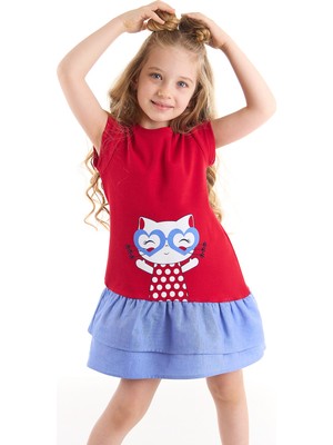 Denokids Kedi Baskılı Kırmızı Kız Çocuk T-Shirt Elbise Günlük Rahat Stil