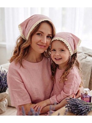 Mufin Collection Anne Kız Kombin Üçgen Muslin Bandana | Dantelli – Pamuklu Kumaş