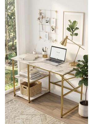 Robin Home Gold Metal Çalışma Masası Raflı 120CM Mermer Desen