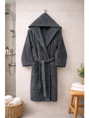 Mysoft Home Kadife Kapüşonlu Bornoz %100 Pamuk