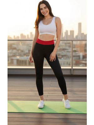 Kadın Yüksek Bel Kırmızı Kemer Detaylı Spor Tayt