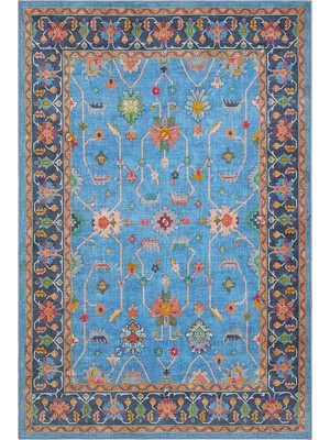 Cool Halı Beylerbeyi By 845 Mavi Halı Çiçek Desenli Otantik Ev Salon Halısı Yıkanabilir Şönil Halı