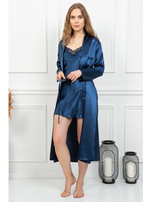 EXCLUSIVE Giona Kadın Saten Gecelik Sabahlık Takımı 260 Lacivert Renkli Şık Tasarım