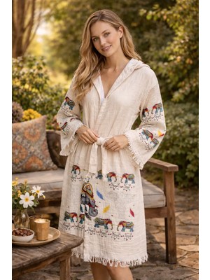 Fil Desenli Baskılı Pamuklu Müslin Kapüşonlu Kimono Bornoz Kaftan Sabahlık