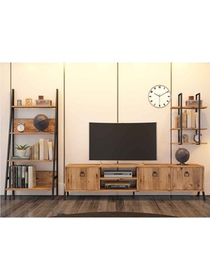 AVM Park Yanke TV Ünitesi Atlantik Çam Metal Raflı Kitaplık 180 cm Modern Tasarım