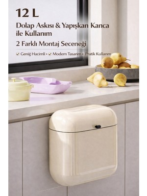 Adefco 12 Lt Kapaklı Çöp Kovası Duvara Asılabilir Mutfak Dolap Içi Çöp Kutusu Krem