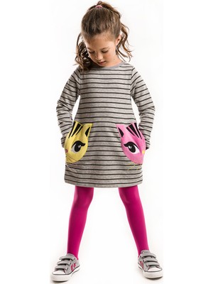 Denokids Kız Çocuk İkiz Kedi Elbise Günlük Stil Uzun Kol Çok Renkli Tasarım