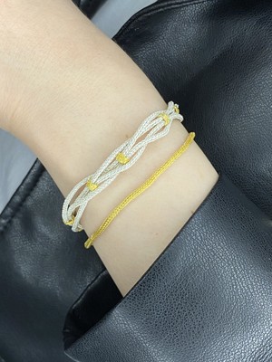 Kazzaze Kazaziye Altın Gümüş Detaylı Bileklik Kombin, El Yapımı Örgü ve Zincir Set, Altın Gümüş, Sofistike