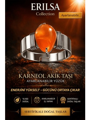Tesbih Atölyesi Erilsa Sertifikalı Karneol - Karnelyan Turuncu Akik Doğal Taş Ayarlanabilir Yüzük – Enerji ve Motivasyon