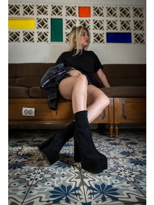 Ayakkabı Ateşi Siyah Süet Tasarım Platform Kadın Ayakkabı Getz