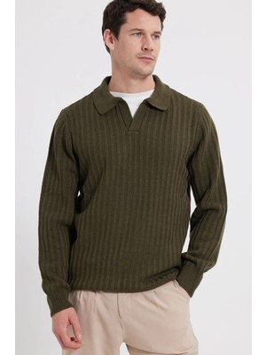 Tudors Erkek Standart Fit Haki Kazak Polo Yaka Uzun Kol Desenli Günlük Stil