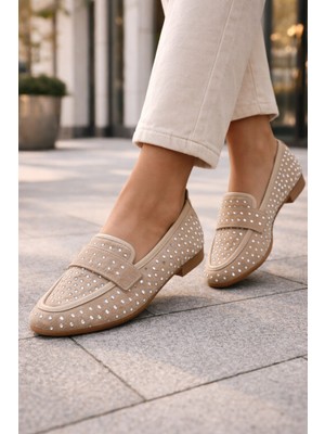 Emax Taş Detaylı Kadın Loafer Ayakkabı Günlük Rahat Düz Taban