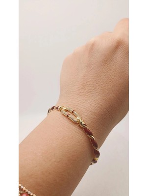 Tılsım Accesories Zirkon Taşlı Gold - Bordo Mineli Kelepçe Bileklik