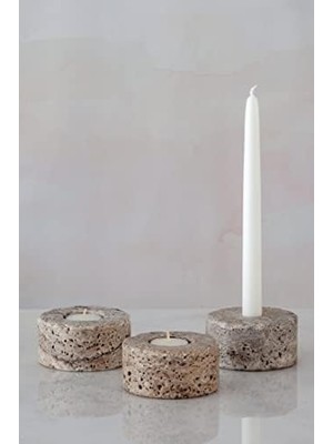 Esplendor Store Doğal Traverten Mermer Şamdan Mumluk 3lü Set Silver Dark