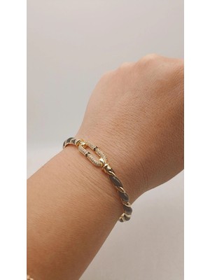 Tılsım Accesories Zirkon Taşlı Gold - Siyah Mineli Kelepçe Bileklik