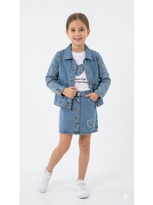 HaanBebe Kız Çocuk Desenli Denim Ceket ve Etekli 3’lü Takım - Nakış Detaylı Kot Takım