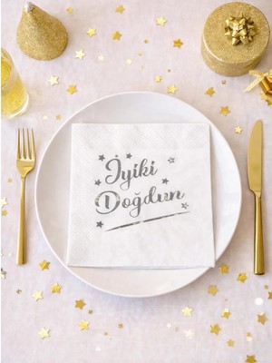 Parti Adresi Iyi Ki Doğdun Desenli Doğum Günü Peçetesi Beyaz Gümüş 16'lı