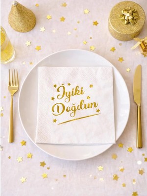 Parti Adresi Iyi Ki Doğdun Desenli Doğum Günü Peçetesi Beyaz Gold 16'lı