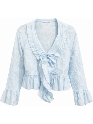 Mixray 4727 Kadın Yakası Fırfırlı Kraşlı Bluz Bebe Mavi