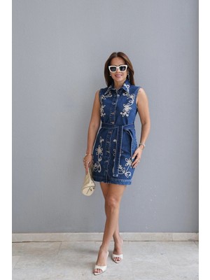 Purple By Banu Mavi Nakışlı Jean Elbise