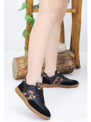 Emax Leopar Desenli Kadın Günlük Spor Ayakkabı – Siyah Rahat Tabanlı Sneaker