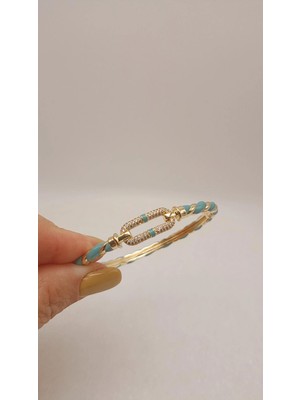 Tılsım Accesories Zirkon Taşlı Gold - Mavi Mineli Kelepçe Bileklik