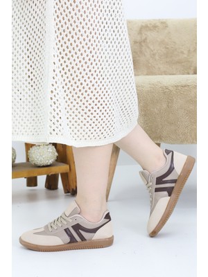 Emax Kadın Spor Ayakkabı Kahverengi Çizgili Desenli Günlük Rahat Tabanlı Ortopedik Bağcıklı Sneaker