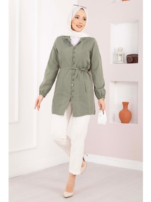 Asm Nervür Detaylı Bağcıklı Gömlek Haki