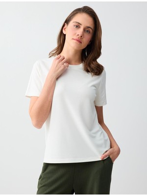 Jimmy Key Kırık Beyaz Bisiklet Yaka Kısa Kollu Örme Modal Tişört