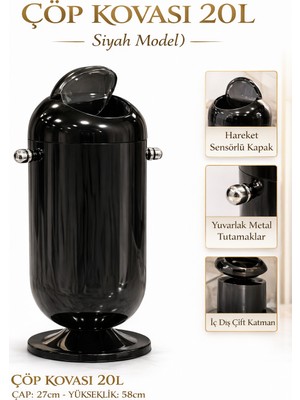 Adefco 20 Lt Tekerlekli Çöp Kovası Kapaklı Modern Tasarım Çıkarılabilir Hazneli Siyah