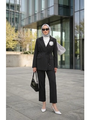 Çizgili Düğmeli Ceket Pantolon Ikili Takım 50021-02 Siyah