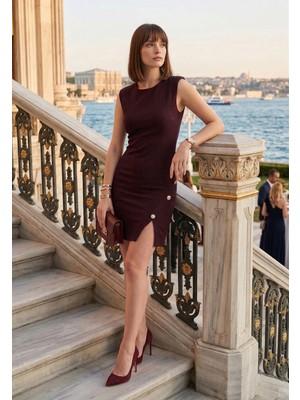 Lela Bisiklet Yaka Mini Yırtmaç Detaylı Elbise Bayan Elbise 6525717