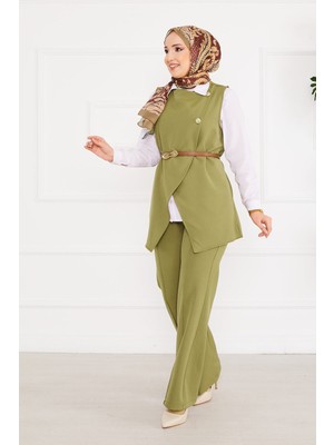 Md Kemerli Yelekli Tesettür İkili Takım Haki
