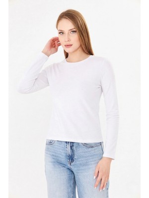 Sortie Collection Kadın Ekru Bisiklet Yaka Pamuklu Uzun Kollu Basic Penye Tshirt Bluz