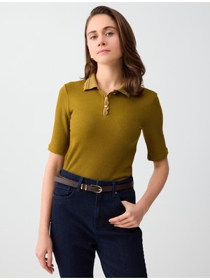 Jimmy Key Yağ Yeşili Polo Yaka Kısa Kollu Örme Bluz