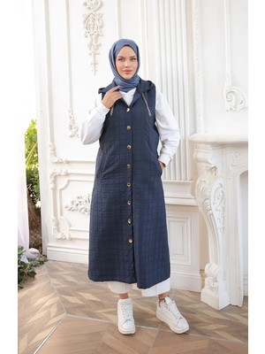 Sefa Merve Kapitone Zincir Detaylı Düğmeli Yelek 71195-05 Lacivert