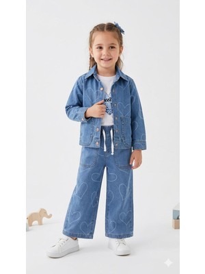 HaanBebe Kalp Desenli Kız Çocuk Denim Takım - 3'lü Kot Ceket, Pantolon ve Tişört Seti