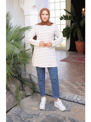 Çizgili Spor Tunik 71295-06 Vizon