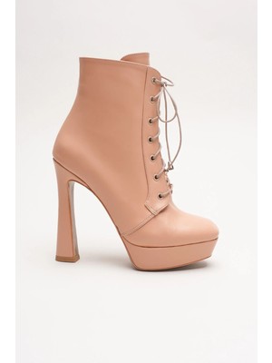 Ayakkabı Ateşi Kadın Bağcıklı Fermuarlı Yüksek Topuklu Bot Viole Nude Cilt