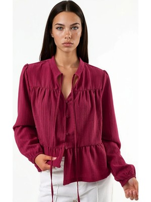 Hiccup Kadın Uzun Kollu Fırfırlı Yaka Bluz Bordo Kırmızı