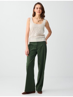 Jimmy Key Koyu Yeşil Normal Bel Ispanyol Paça Dokuma Uzun Pantolon