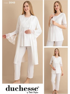 Duchesse 3040 Ekru 3 Lü Hamile Lohusa Pijama Sabahlık Tk