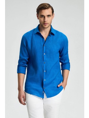 Hemington Indigo Mavi Saf Keten Spor Gömlek