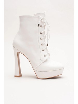 Ayakkabı Ateşi Kadın Bağcıklı Fermuarlı Yüksek Topuklu Bot Viole Beyaz Cilt