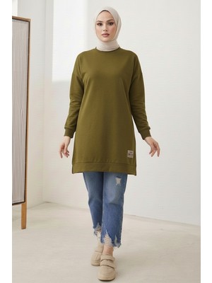 İlkimay.com Armalı Yırtmaç Detay Tunik 1665 - Yağ Yeşili
