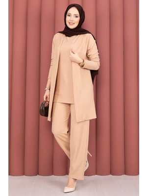 TK Kimonolu Tesettür Üçlü Takım Vizon