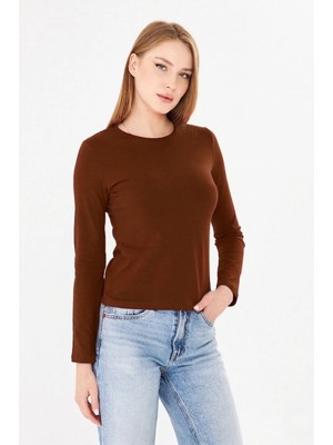 Sortie Collection Kadın Kahverengi Bisiklet Yaka Pamuklu Uzun Kollu Basic Penye Tshirt Bluz