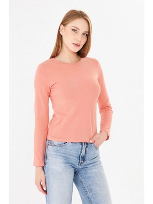 Sortie Collection Kadın Pudra Bisiklet Yaka Pamuklu Uzun Kollu Basic Penye Tshirt Bluz