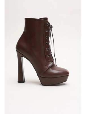 Ayakkabı Ateşi Kadın Bağcıklı Fermuarlı Yüksek Topuklu Bot Viole Kahverengi Cilt