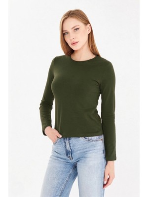 Sortie Collection Kadın Haki Bisiklet Yaka Pamuklu Uzun Kollu Basic Penye Tshirt Bluz